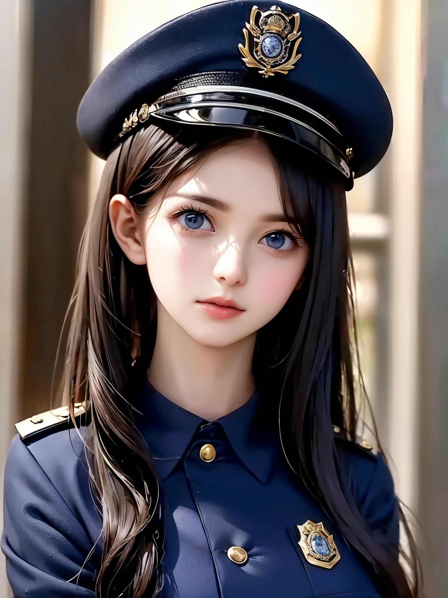  portrait , Realistic,  Elegant Women ,  blue eyes,  shiny dark hair 、( cosplay、Police Officer、Police hat、In front of the police box、Navy blue uniform)、4K resolution、 High Quality CG、Beautiful CG、Soft light