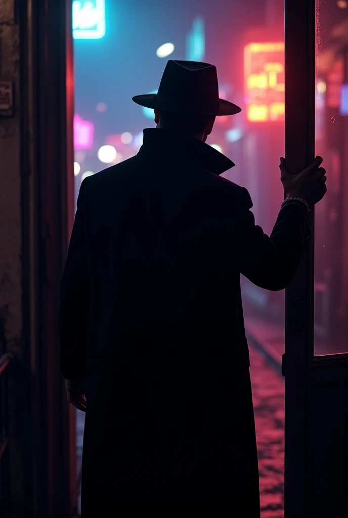  an enigmatic man entering a hidden shop in Neon Street,(Top Hat, black coat),  he is opening the door of his shop ,close-up to his hand , from side,Misty,masterpiece,  anatomically correct,  high definition model,  high detail , motion blur, fluorescence, Reflected Light,  pop art, 