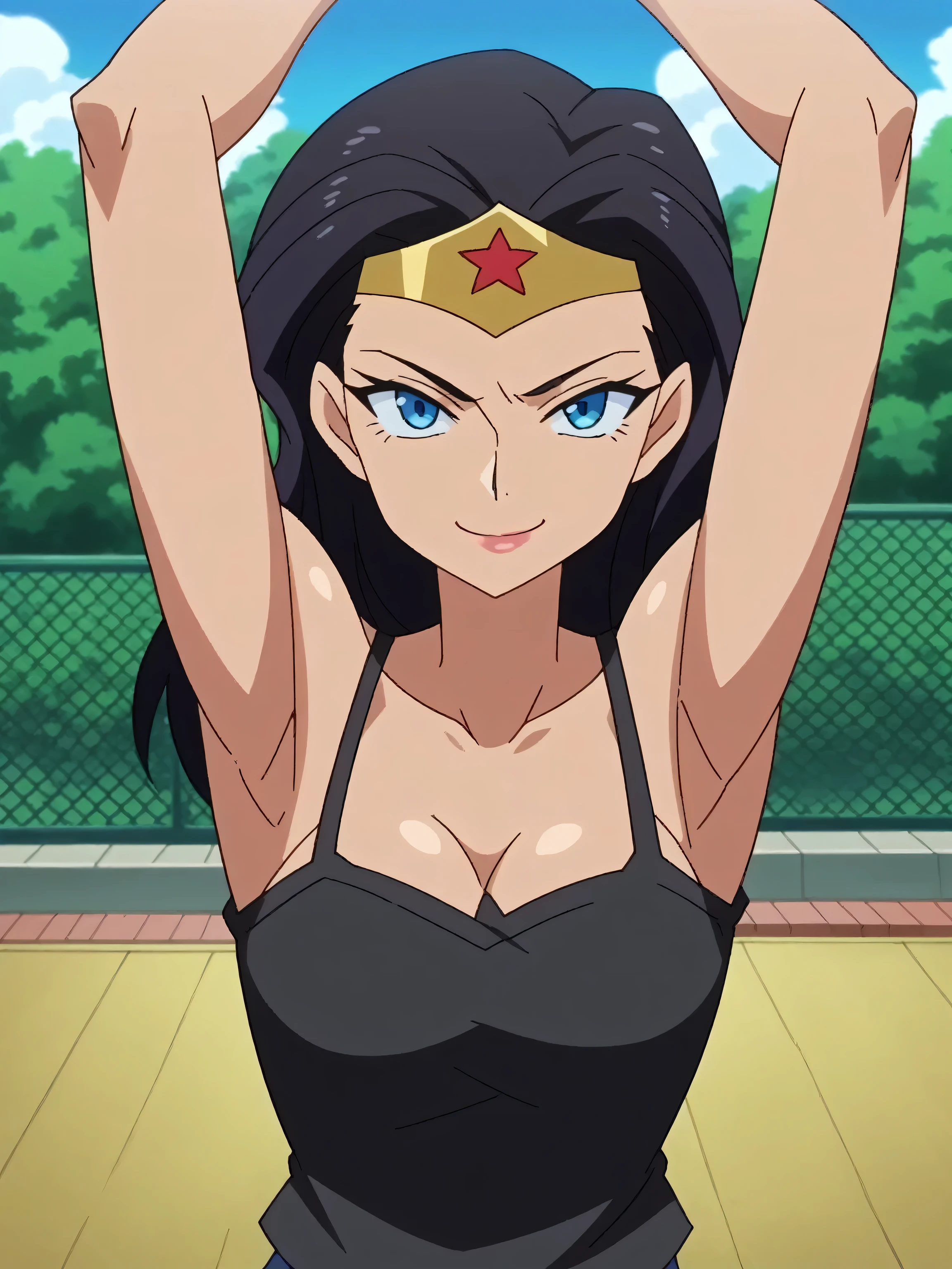 score_9, score_8_up, score_7_up, source_anime, anime screencap, 1girl, solo, diana prince, blue eyes, black hair, black tank top, blue eyes, arms up, raised arms, armpits, from above, looking at viewer, head towards viewer, smile, closed mouth, badhandv4, outdoors, day, park,