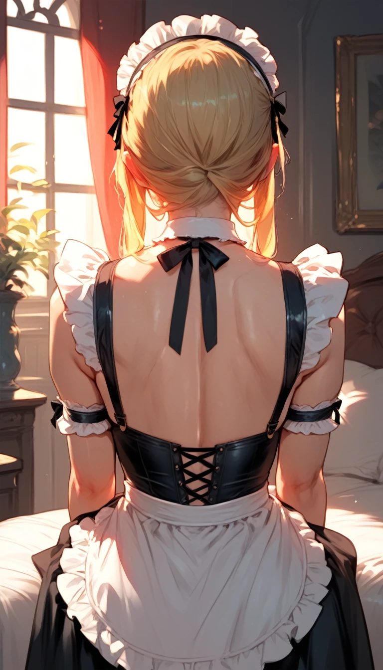 1girl,solo,(amane misa, death note:1.1),super detailed skin,shiny skin,natural face,smile ,blonde hair,sidelocks,short twintails,long hair,medium breasts,Punk Lolita ,bra,pale pink thong,from behind,,ass,anime,girl's lolita bedroom,masterpiece,best quality,ultra detailed,high resolution,sharp focus,depth of field