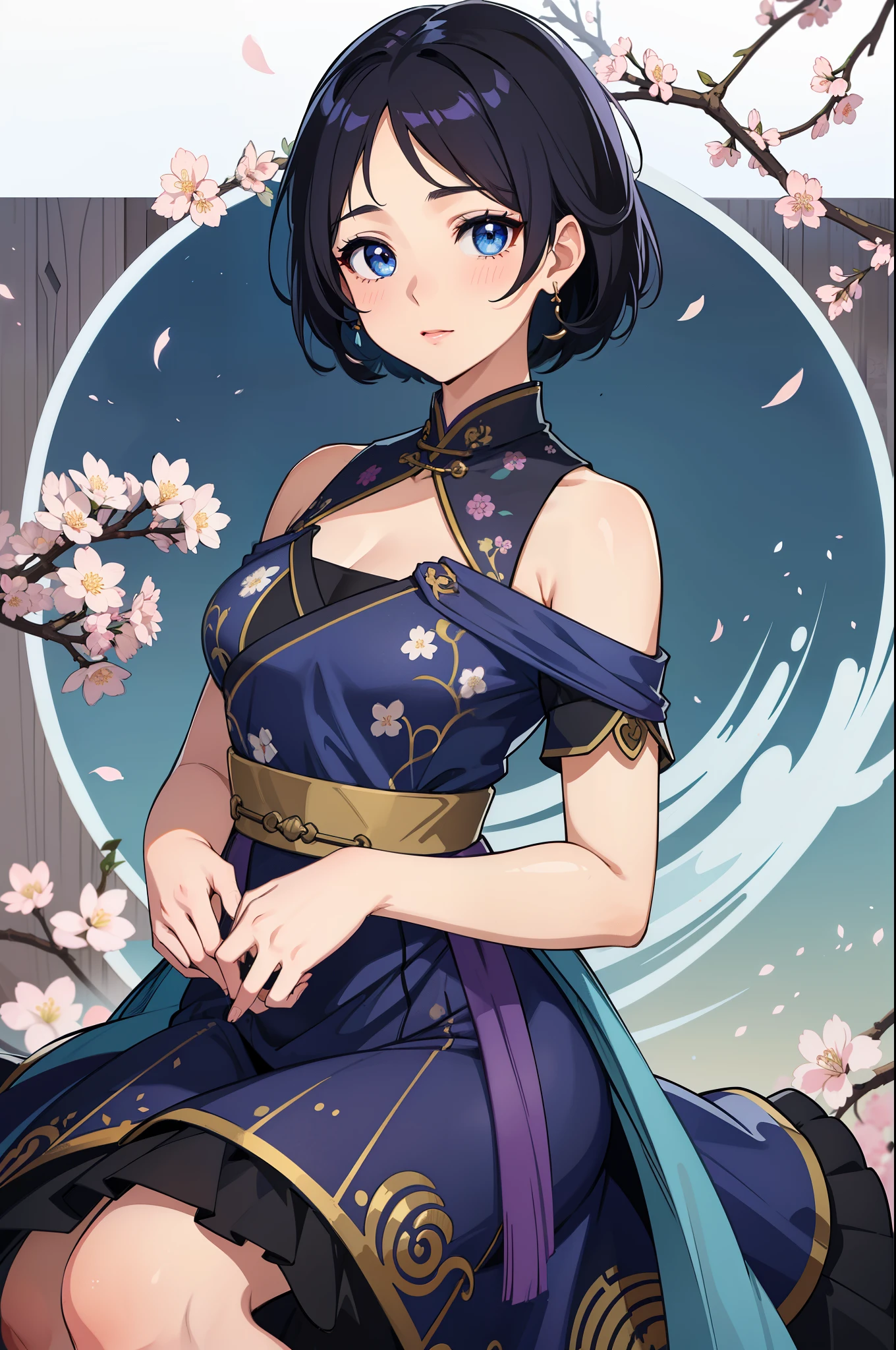 (high-quality, breathtaking),(expressive eyes, perfect face) 1female, girl , solo, teenager, asian woman hairstyle, short hair length, soft wave, black hair color, Heterochromia left eye blue and right eye purple, white and black dress, shawl, patterned clothes, blue and purple background, music, gentle smile, swirls in background, music notes background, beautiful background, symmetrical eyes, Qing Dynasty Costumes, hairpin, cherry blossom background
