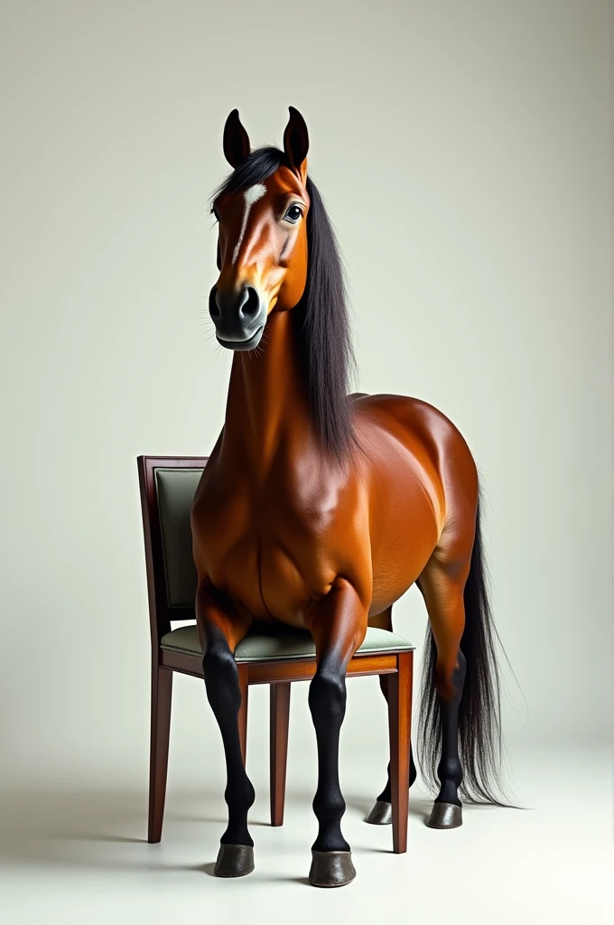 a stallion black color horse anthro((perfect anatomy)), sit on chair((perfect precision)),Long black hair((perfect precision),green eyes((perfect precision)), bara, With Bulge((perfect resolution)), using a red short((perfect precision)),3d realistic((best quality)), 4K