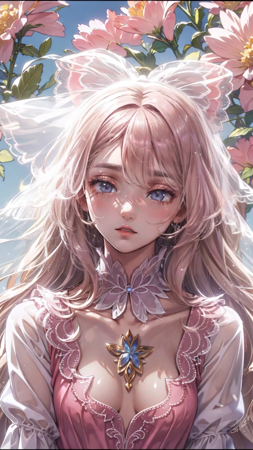 art：Cornflower ,(masterpiece),(Best Quality:1.2),(perfect anatomy),( 1 girl), fairy,Beautifully detailed pink eyes ,Beautiful pink hair ,(  pink dress ),( Highly Detailed Elegant ),Classic Style, rich colors,born々New texture, Detailed skin, adds a dramatic and iconic element to the scene,  written border depth , Silky to the touch, Dynamic Composite,Delicate texture, stand in a field of green plants and flowers ,Warm lighting, Brush Strokes 
