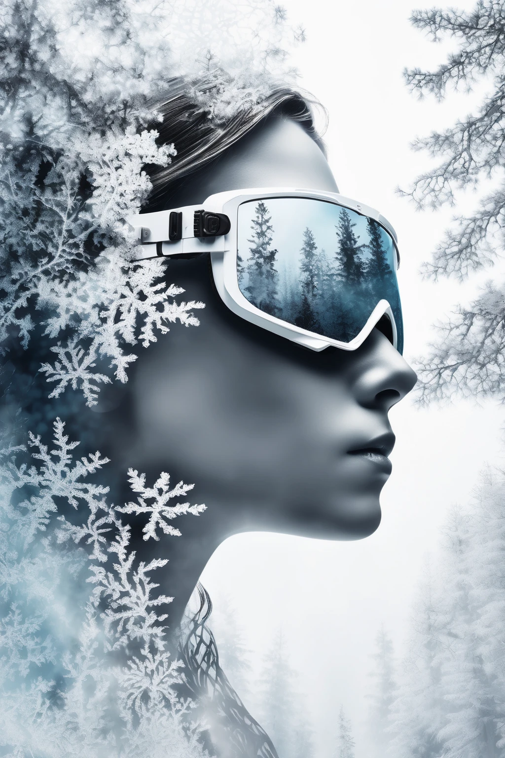 double exposure, solid white back ground, mysterious silhouette forest woman,wearing enduro goggles , amazing depth, masterwork, surreal, geometric patterns, intricately detailed, bokeh, perfect balanced, deep fine borders, artistic photorealism , smooth, great masterwork by head of prompt engineering,frozen ice crystals foggy 