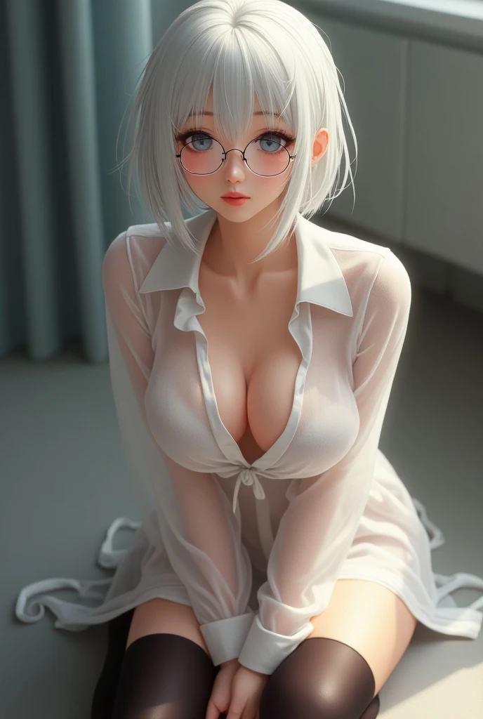 She is in front of the men in a crowded classroom ... a little seduction, a yandere expression, a very embarrassed expression, happy to be seen but embarrassed, a tense, erotic atmosphere, extreme shame, blushing cheeks, proud, slightly slim figure, D cup, beautiful breasts, a little nsfw, hair color remains the same, short hair, small ponytail, no bra, no panty, White very tight small costume, white clothing, white skimpy clothing, white see-through, white revealing costume, white bold costume, white very shameful costume, stared at by many men, men nailed the woman, men surrounded the woman, the woman is surrounded by men, very lascivious men, men sexually harass women, men harass women, Let's draw the guys in more detail