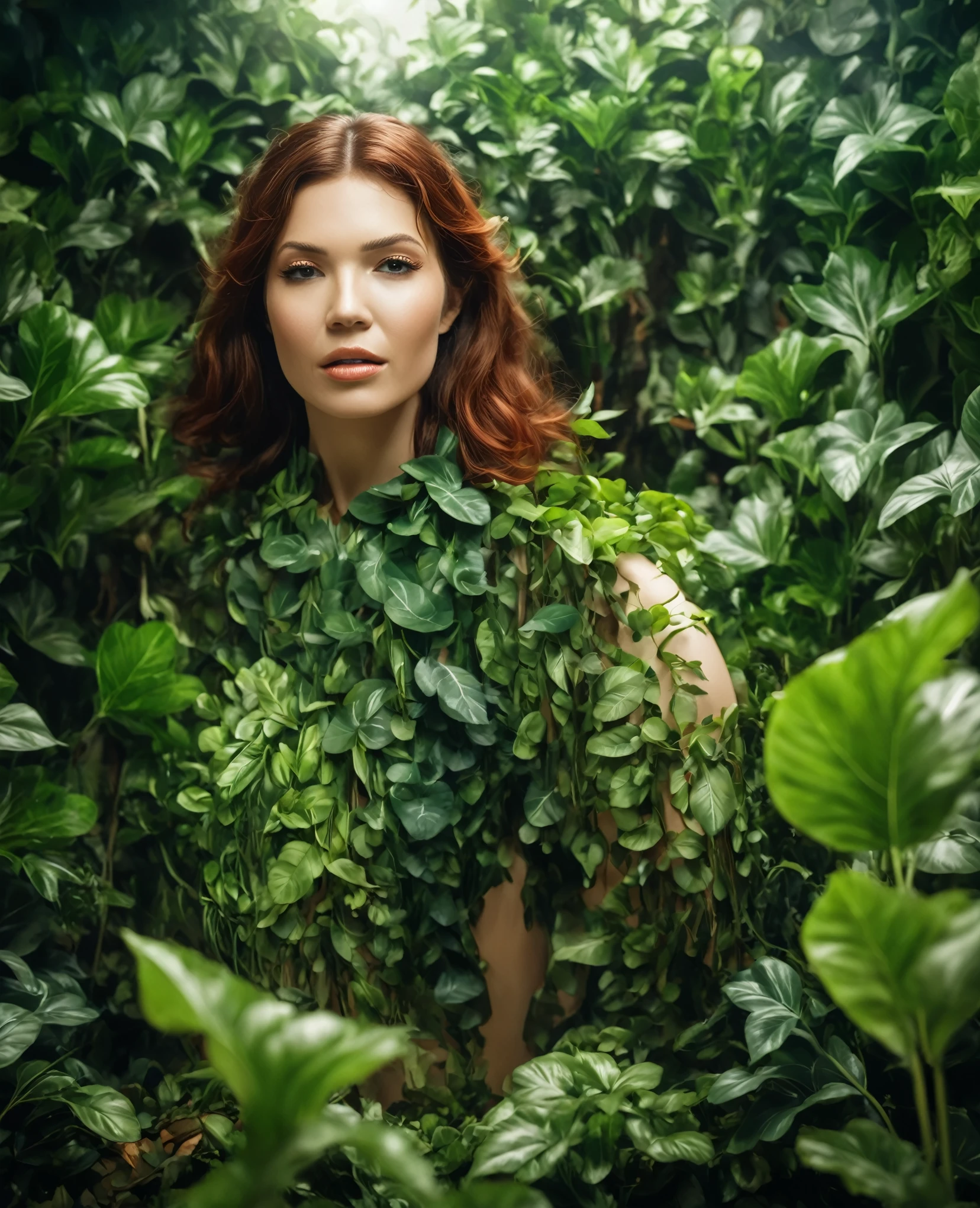 best quality, highres, 8k, masterpiece, photography, detailed midbody photorealistic portrait of Mandy Moore as Poison lvy stands in her verdant, plant-flled bedroom, which features botanical decor and ivy creeping along the wals. Her long, red hair falls in loose, flowing waves, framing her face and shoulders. She is dressed in an emerald green lace lingerie set with leafy accents and vine detaling that mimic heliconic style, giving her a mystical and ethereal appearance. With one hand, she caresses a delicate rose, her gaze captivating as she is suirounded by an intimate, leafy paradise that feels alive with her touch. 40 years old, (real skin texture: 1.3), (slender hgure: 1.1), six-pack abs, (lmmersive Ambience, chiaroscuro: 1.5, Dim Light: 1.2, Glow Lighting, (Bokeh: .5), Blurred, high contrast,(Fuji colours: .5), him grain