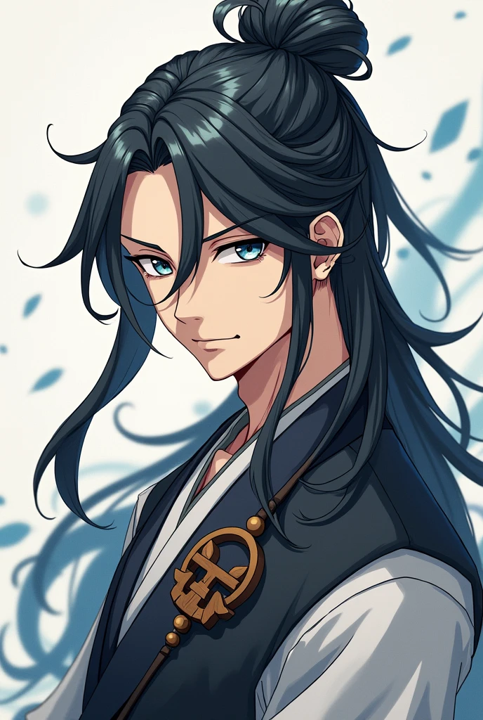 Anime photo handsome boy with long hair bun ( fit ) wearing wooden brooch style modern mystic modern hair with 2 angled bangs