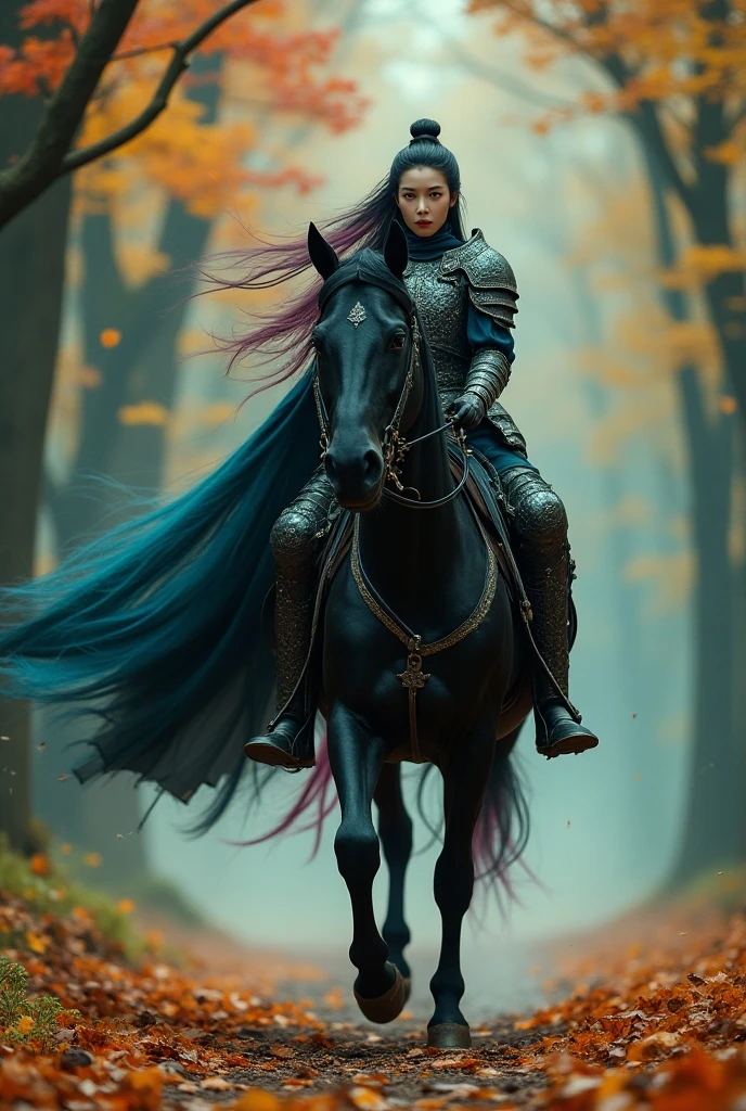 Wide shot of a very beautiful Korean female knight with bright brown eyes from the middle ages with long blue green and pink hair blowing in the wind, she is riding a huge royal black horse with thick fur across a magical maple forest full of mystery and mystical maple leaf effect fell, it was seen behind him that there was a giant, fierce eastern fire dragon chasing the woman from behind, leaving behind a trail of light. Make sure the entire body of the knight and horse is visible. Raw style, ultra HD