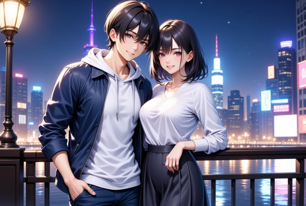  A couple of men and women going on a date against the neon city at night  , young man"Asuka" is wearing a white hoodie with a blue jacket and jeans (Medium straight 7:3 split casual black hair) , A woman with medium hair with dark hair "Haruna"Wearing a white casual blouse and a dark gray long skirt ,