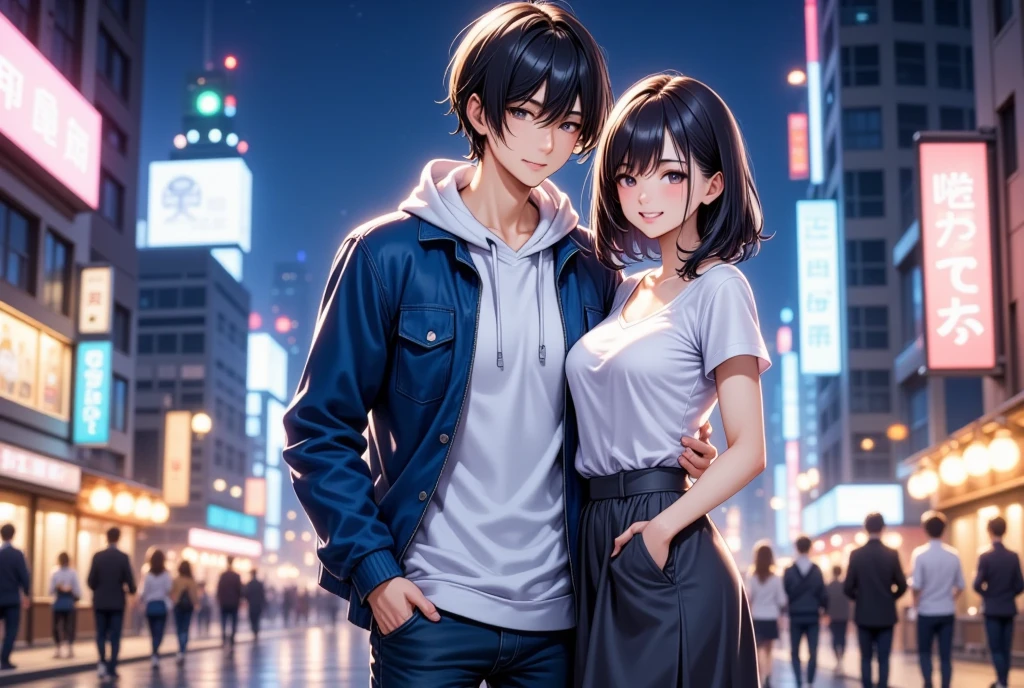  A couple of men and women going on a date against the neon city at night  , young man"Asuka" is wearing a white hoodie with a blue jacket and jeans (Medium straight 7:3 split casual black hair) , A woman with medium hair with dark hair "Haruna"Wearing a white casual blouse and a dark gray long skirt ,