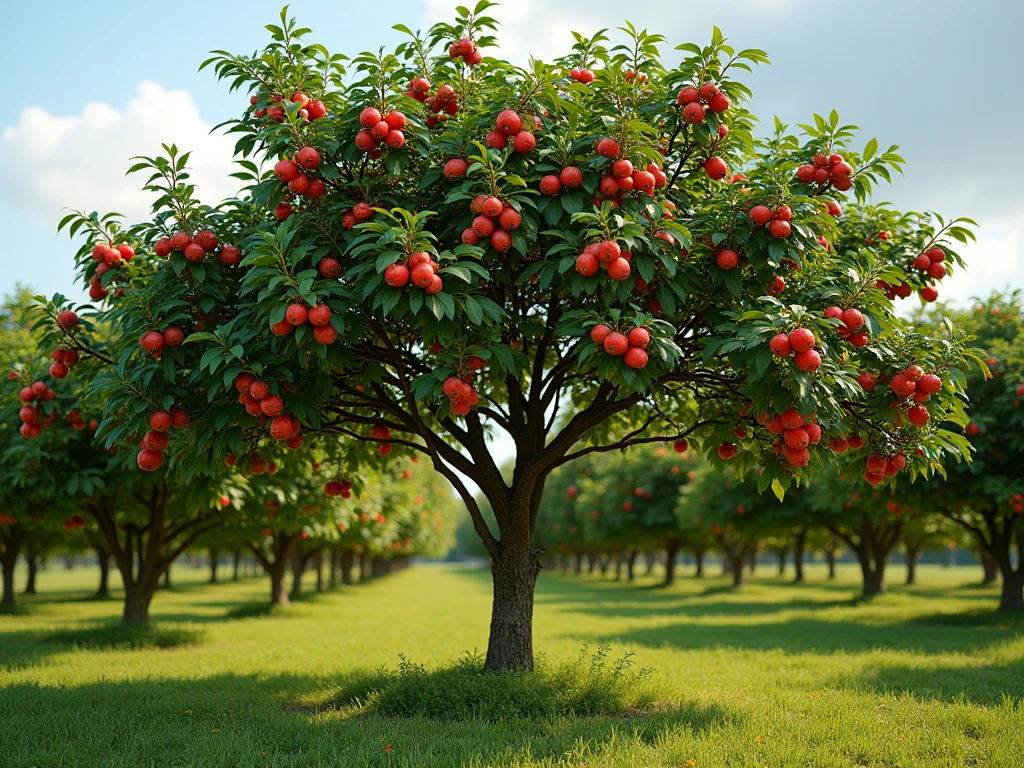  mature acerola tree shrubs planted with aceros  ,   And there's a wonderful . fruit,   round, bright red   ,   Are small  ,  shiny leaves  .    while 、Late afternoon sun  ,    is still on the branches 、 ,   , and light green grass shimmers under the soft light of   .   The surrounding environment is quiet, and there is also something to rest on  ,   , and blue sky partially appears between 、, the breeze shakes the branches 。 acerola trees on mature acerola tree shrubs A lush tropical orchard with lots of plants   ,    while 、 Top of a Tree   ,    is still on the branches 、 creates a harmonious natural environment   .