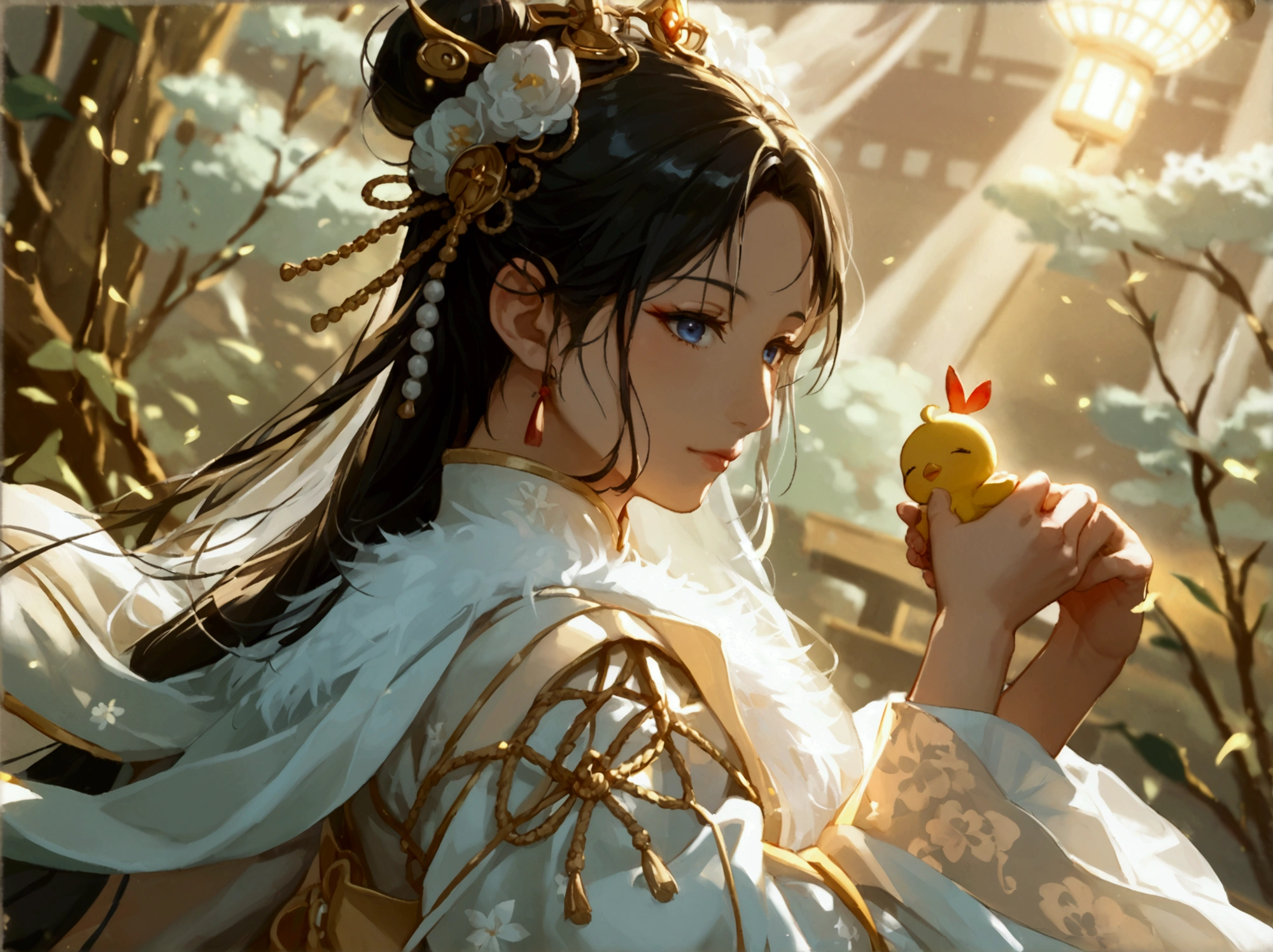 there is a  woman in a white dress holding a -chick, trending on cg modern battle ship, anime, great fleet of moern battle ship ， a girl in hanfu, white hanfu, a beautiful fantasy empress, full body anime, hanfu, chinese costume