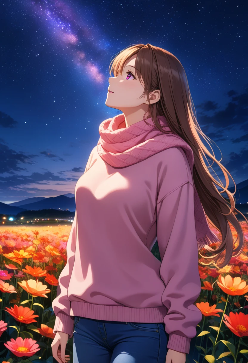 (anime :1.2), young woman,  long hair, purple, pink eyes, Warm sweater , scarf , jeans,  Looking up ,  Perfect anatomy , Night, sky, stars, beautiful view,  ro flowers come down, field, beautiful view , masterpiece, 8 k,  Complex Details , ( best quality  :1.3), bright colors, HDR,