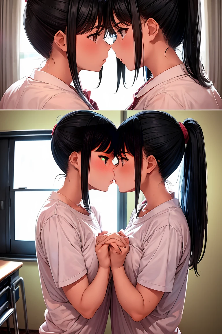 Two teenage girls，angry look，equivalent height，In the classroom，black hair ponytail，Facing each other and staring，hug each other，The two bodies are close to each other，kiss、Picture of two people、Holding hands and facing each other、Photograph of two people facing each other、Push each other、Stick your  and  together