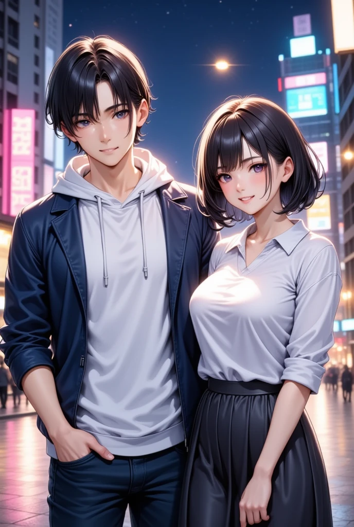  A couple of men and women going on a date against the neon city at night  , young man"Asuka" is wearing a white hoodie with a blue jacket and jeans (Medium straight 7:3 split casual black hair) , A woman with medium hair with dark hair "Haruna"Wearing a white casual blouse and a dark gray long skirt ,