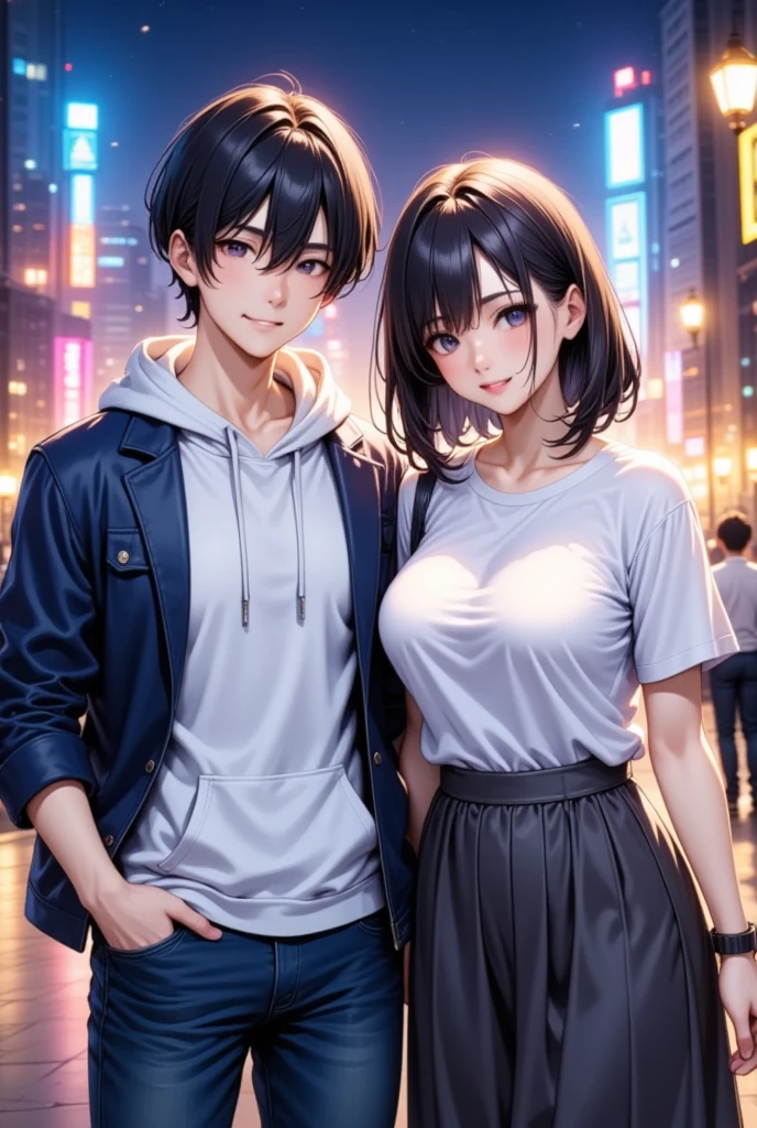  A couple of men and women going on a date against the neon city at night  , young man"Asuka" is wearing a white hoodie with a blue jacket and jeans (Medium straight 7:3 split casual black hair) , A woman with medium hair with dark hair "Haruna"Wearing a white casual blouse and a dark gray long skirt ,