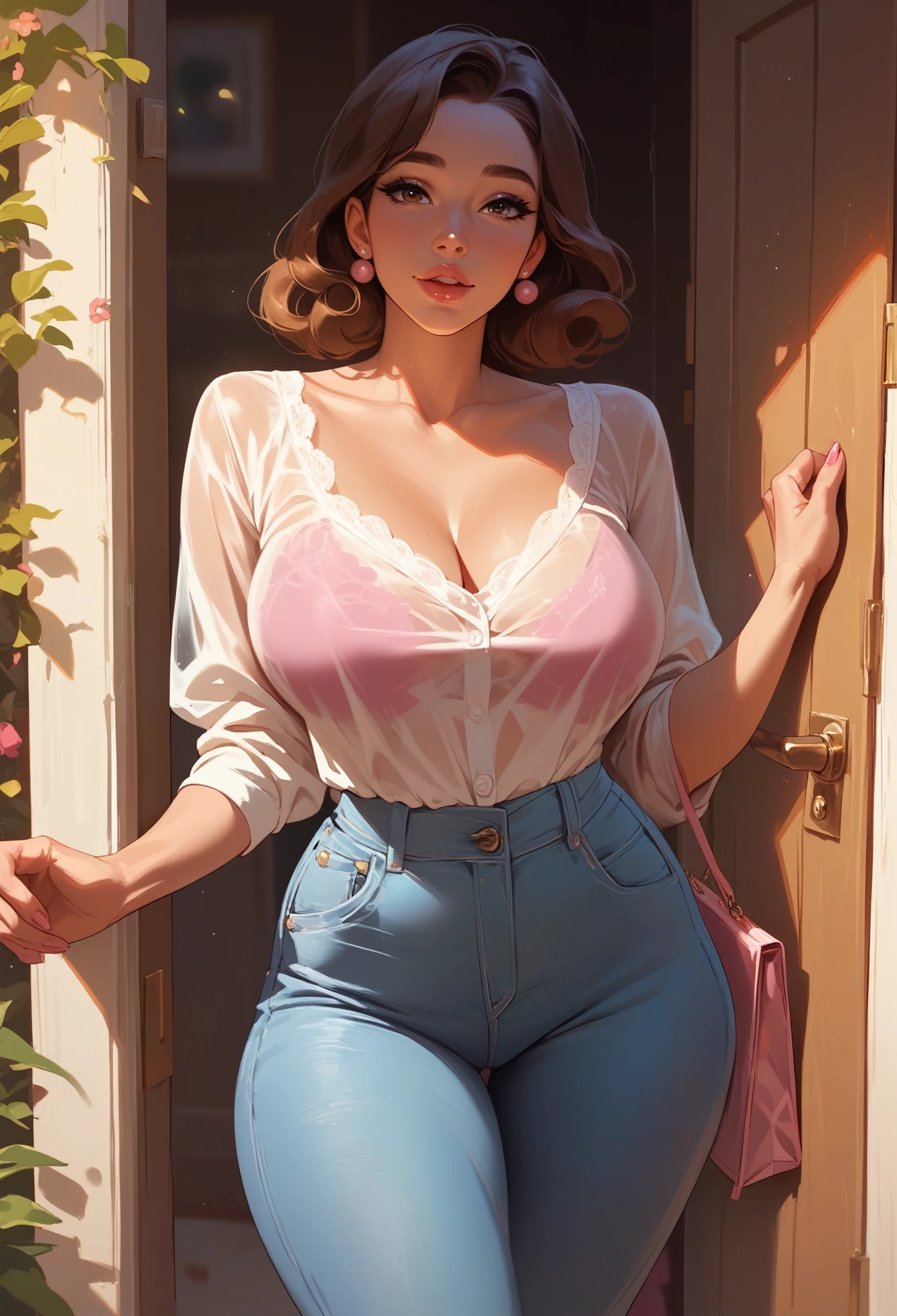 A very beautiful housewife woman with brown hair and pink tips, with voluptuous body, Dressed in tight jeans and a translucent white blouse that reveals her figure, she knocks on the door of my apartment
