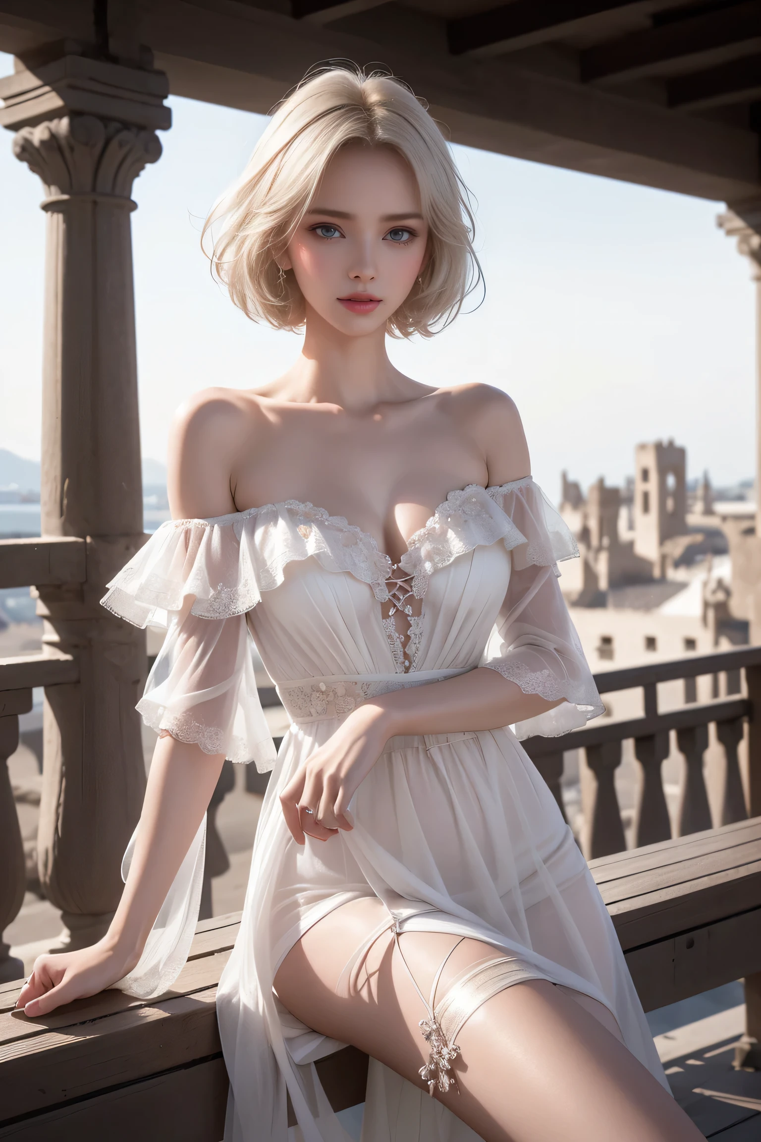 1girl, beautiful girl, cute girl and idol face, young face, smile, ahoge and short bob cut and shiny silver hair, beautiful green eyes, medium breasts, shiny white skin, Hot summer sun, white Summer Dresses