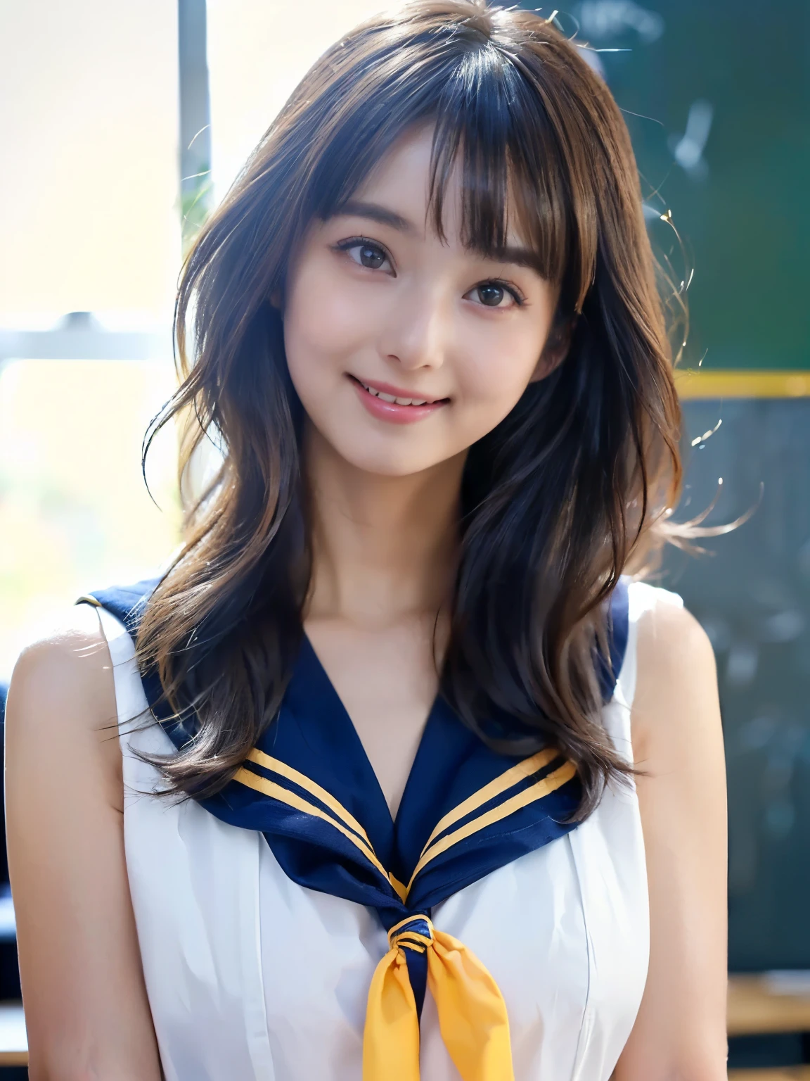 (((Best Quality)))、(((Ultra-precision CG16K wallpaper)))、(((Super detailed)))、(((Mature 24 year old woman、one person:1.8)))、((Very beautiful Japanese face))、(((Zuo々Nozomi)))、(( medium hair、bangs:1.6))、(Shiny brown hair)、(Sparkling Eyes)、Thin eyebrows、Seductive lips、((C cup size ))、((Beautiful breasts))、((Beautiful Skin))、( cleavage)、 perfect proportions、 perfect anatomy、Perfect composition、 beautiful detailed shading、 beautiful natural lighting 、 beautiful details glow 、 natural light、Front lighting、 depth of field、Full screen image、(((High chroma)))、(((sharp:1.6)))、((( real:1.8)))、(((Upper body image:1.6)))、(((Front image:1.6)))、((( Close Her Mouth and Smile :1.2)))、(((looking at me:1.8)))、(((School、classroom)))、( Standing Pose :1.6)、(((Schoolgirl uniform、sailor suit :1.3)))、