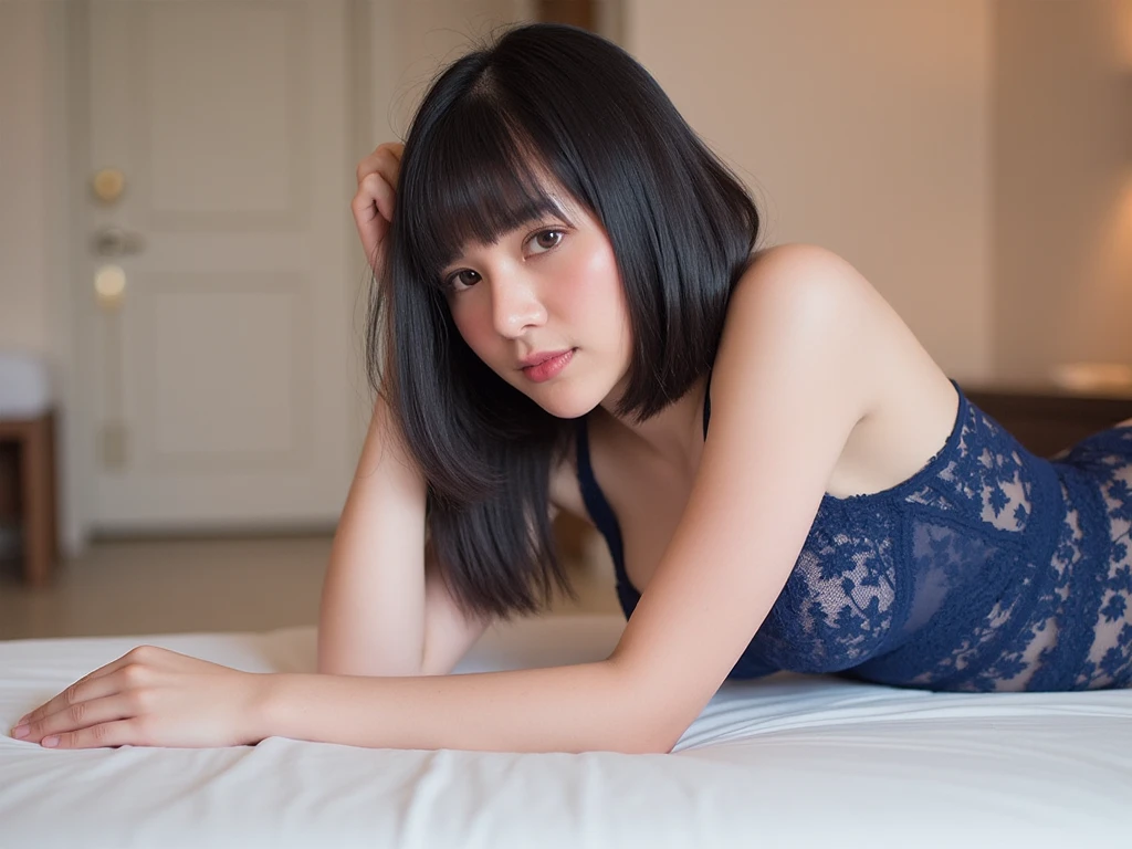 Highest quality、8K、masterpiece、Ultra-high resolution、Clear Photograph、Realistic photograph、Realistic、Professional Lighting、photograph、Very cute girl、Black hair lob、Japanese women、Very slim、Wear lacy white:1.6、(Take a full body photograph)、(Lie on your back on the bed.:1.6、Staring straight ahead)、(Photograph from directly above)