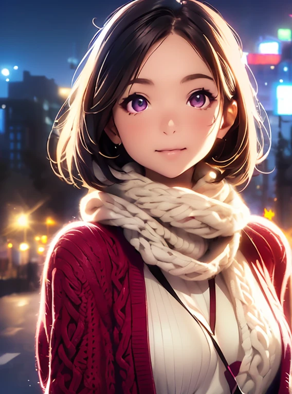   Hi-Res ,In 8K, best quality, Details,Semi-realistic anime, D-anime style, smooth animated CG, one girl , 19-year-old Japanese woman, very cute ,slim,modeling,((Sparkling Eyes)),(( very short hair)),(( short bob)),(Maroon Glowing Hair ), pink lips, Shiny brown hair,(( Light Cream Knitted Cardigan)),((Winter scarf )), Detailsな顔,Beautiful and  Details,,((深い青紫色のSparkling Eyes)),(Open your mouth),(Laughter),(( silhouette)),(( Super Multiple Exposure Effect Where You Can See the Background Through Your Clothes ))、(( Hairstyle with No Bangs ))、((hair intakes)),(forehead),(In front of an old brick building ),(Illuminated by street lights),(( Night View of the Bay Bridge Seen in the Back )), Lover's Face That Noticed You 