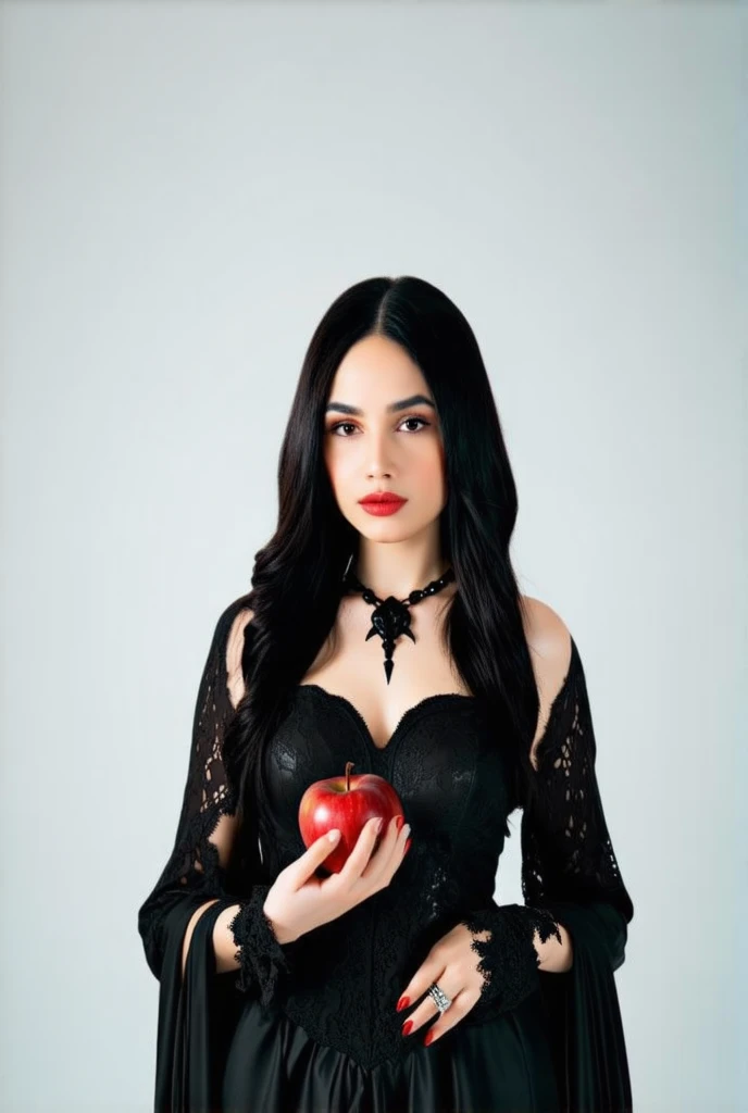 ((RAW Photo), absurd, (absurdresolution)), masterpiece, best quality, (Extremely detailed 8k unity CG wallpaper), (best illustration), (best shadow), Realistic lighting, beautiful detailed glow, ((21 years old)), girl, long black hair, black queen, accessories, apple in hand, poisoned apples, witch queen, red lipstick, (((Photographic Perspective of her)))