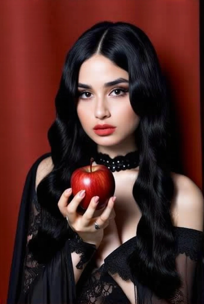 ((RAW Photo), absurd, (absurdresolution)), masterpiece, best quality, (Extremely detailed 8k unity CG wallpaper), (best illustration), (best shadow), Realistic lighting, beautiful detailed glow, ((21 years old)), girl, long black hair, black queen, accessories, apple in hand, poisoned apples, witch queen, red lipstick, (((Photographic Perspective of her)))