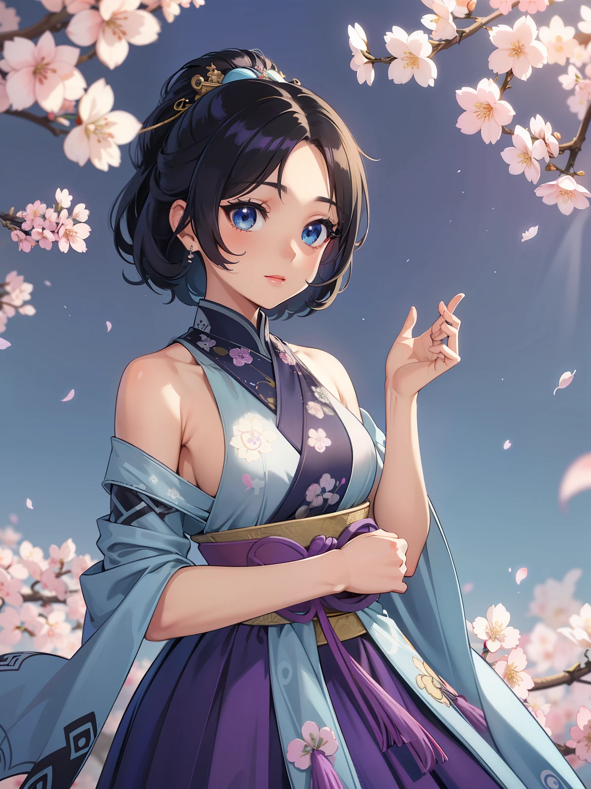 (high-quality, breathtaking),(expressive eyes, perfect face) 1female, girl , solo, teenager, asian woman hairstyle, short hair length, soft wave, black hair color, Heterochromia left eye blue and right eye purple, white and black dress, shawl, patterned clothes, blue and purple background, music, gentle smile, swirls in background, music notes background, beautiful background, symmetrical eyes, Qing Dynasty Costumes, hairpin, cherry blossom background
