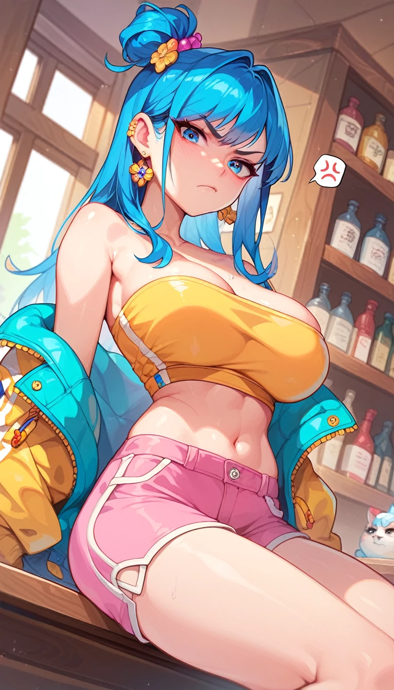  ((Busty Bitches)), Korean girl, ecchi, blue  hair , colourful jewellery , pink shorts, yellow tube top, sitting on counter, annoyed expression, Dutch angle 