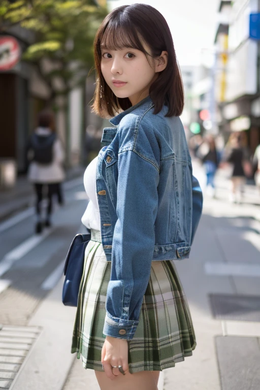 (masterpiece, best quality, perfect anatomy, highres, 8k, realistic, photorealistic:1.2), 1girl, solo, Japanese, age20, jp idol, (large breasts), perfect figure, looking at viewer, oversized cream knit , green plaid mini-skirt, as outerwear blue denim jacket, in Tokyo down town, natural lighting, (from below), portrait