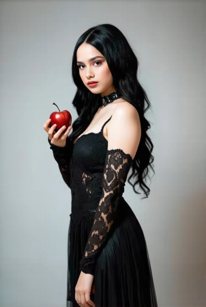 ((RAW Photo), absurd, (absurdresolution)), masterpiece, best quality, (Extremely detailed 8k unity CG wallpaper), (best illustration), (best shadow), Realistic lighting, beautiful detailed glow, ((21 years old)), girl, long black hair, black queen, accessories, apple in hand, poisoned apples, witch queen, red lipstick, (((Photographic Perspective of her)))