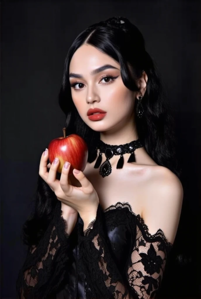 ((RAW Photo), absurd, (absurdresolution)), masterpiece, best quality, (Extremely detailed 8k unity CG wallpaper), (best illustration), (best shadow), Realistic lighting, beautiful detailed glow, ((21 years old)), girl, long black hair, black queen, accessories, apple in hand, poisoned apples, witch queen, red lipstick, (((Photographic Perspective of her)))