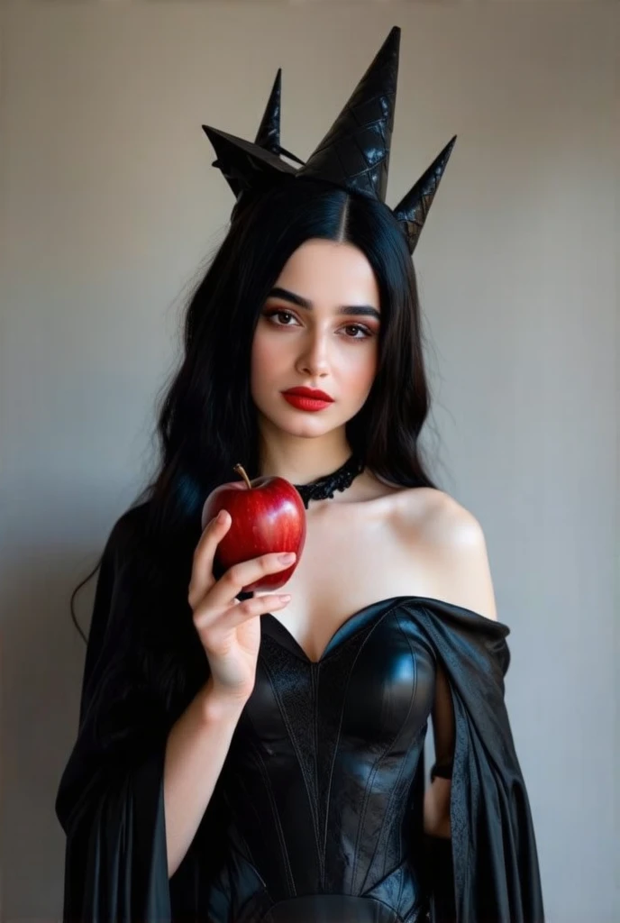 ((RAW Photo), absurd, (absurdresolution)), masterpiece, best quality, (Extremely detailed 8k unity CG wallpaper), (best illustration), (best shadow), Realistic lighting, beautiful detailed glow, ((21 years old)), girl, long black hair, black queen, accessories, apple in hand, poisoned apples, witch queen, red lipstick, (((Photographic Perspective of her)))