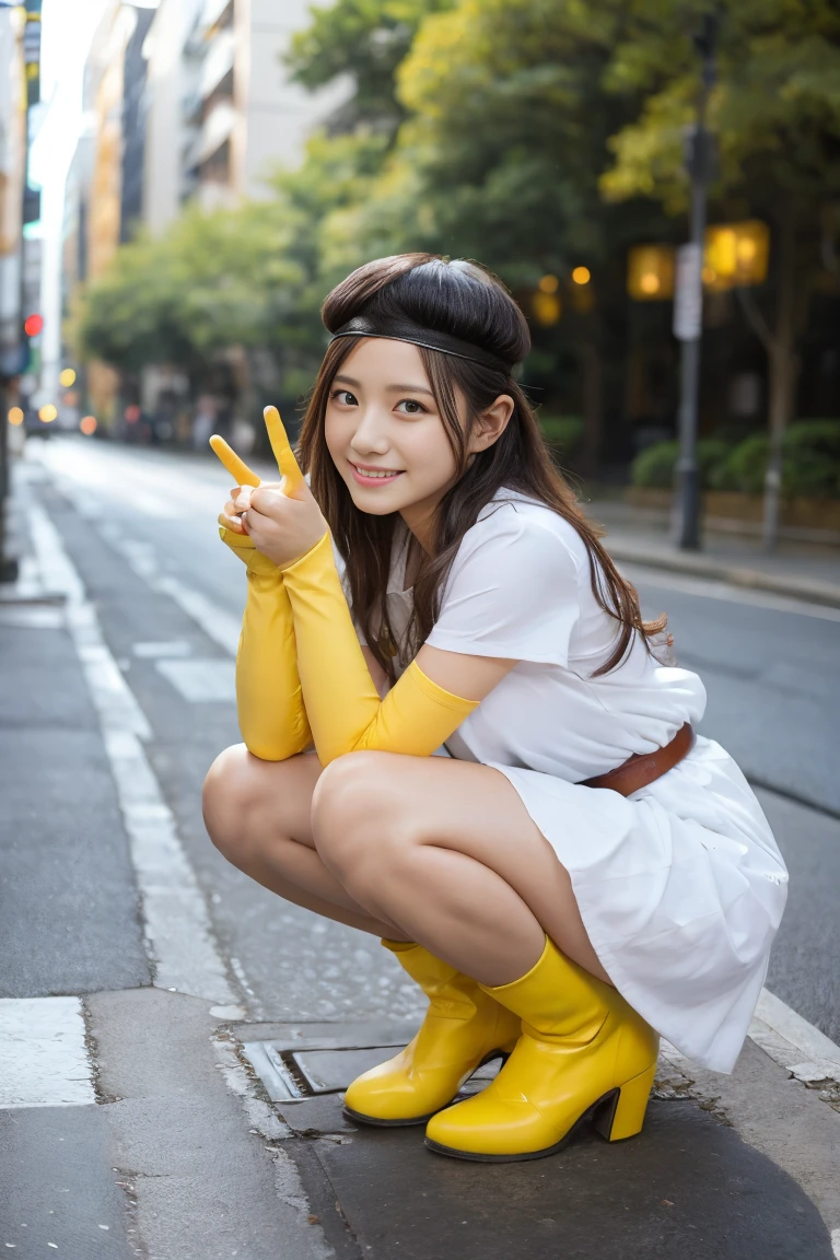 masterpiece,best quality,highres,ultra-detailed,( dragon quest, sage), photorealism, japanese girl, cirlet, long hair, earrings, blue cape, white dress, short sleeves, yellow satin elbow gloves, belt, skirt, yellow boots, smug, squatting with open leg, huge breast, (yo), (ish:1.3), smiling, squatting pose, DQSage, jpn-girl, peace sign