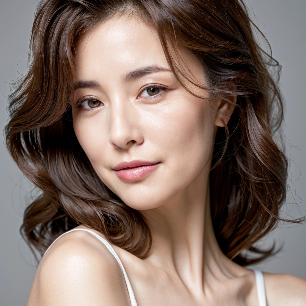 NSFW、A-cup body shape、flat breast、Pretty women:1.3、A-cup、very slender body:2.8、(Medium Hair、Super small breasts:1.8)、very flat chest:1.8、very slender body、Slender Abs、areola is visible、（The color of the areola is black:1.8）（Slouched:1.4）sideways Facing、(Photorealsitic:1.4)、(hyper realisitic:1.4)、(realisitic:1.3)、(Smooth lighting:1.05)、(Improved lighting quality in movies:0.9)、40K、1girl in、40歳の女の子、Realistic lighting、Back lighting、Facial light、raytrace、(brightened light:1.2)、(enhanced quality:1.4)、(Top quality real texture skins:1.4)、finely eye、finerly detailed face、Fine quality eye、(Tired, sleepy and satisfied:0.0)、 upper body closeup、（no-bra、 see -through、 are see-through）(enhance body line mood:1.1)、(Increase the beauty of skin texture:1.1)、smile
