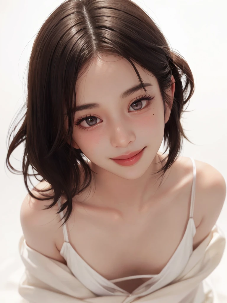  1 girl, Alone,  glowing skin , Chest, very   Detailsed, ultra   Detailsed,  ultra high resolution, whole body, ( photorealism:1.4), (Best Quality), ( Best Shadow ), ulzzang-6500,   Details,  full light,  black haired, ((showpiece, Best Quality, High precision)),  one girl , (big Chest, Realistic: 1.4), ( search camera  even a little,  search camera , search,  search camera ,  camera ))), Alone, , White background, snow-White background, shut up, smile, pretty  black haired,  short hair, Big Eyes,  transparent double eyelid ,  eyelash , listen, Long neck, Long neck, Absolute territory, (( face close-up ,  short hair with amount)), Age 19, Attractive ratio,  glowing skin , Beautiful collarbone, Golden ratio face,  perfect face, Teardrop-shaped mole, Chestのほくろ, amount, clean amount, beautiful amount,  lip gloss, Thin lips,  white skin,  I took off my clothes ., big Chest,  small face ,  small face , 少し上を向いて camera , (( look at the camera {x} smile lightly at the camera Please., really nothing pure White background, very big big Chest, big Chest))