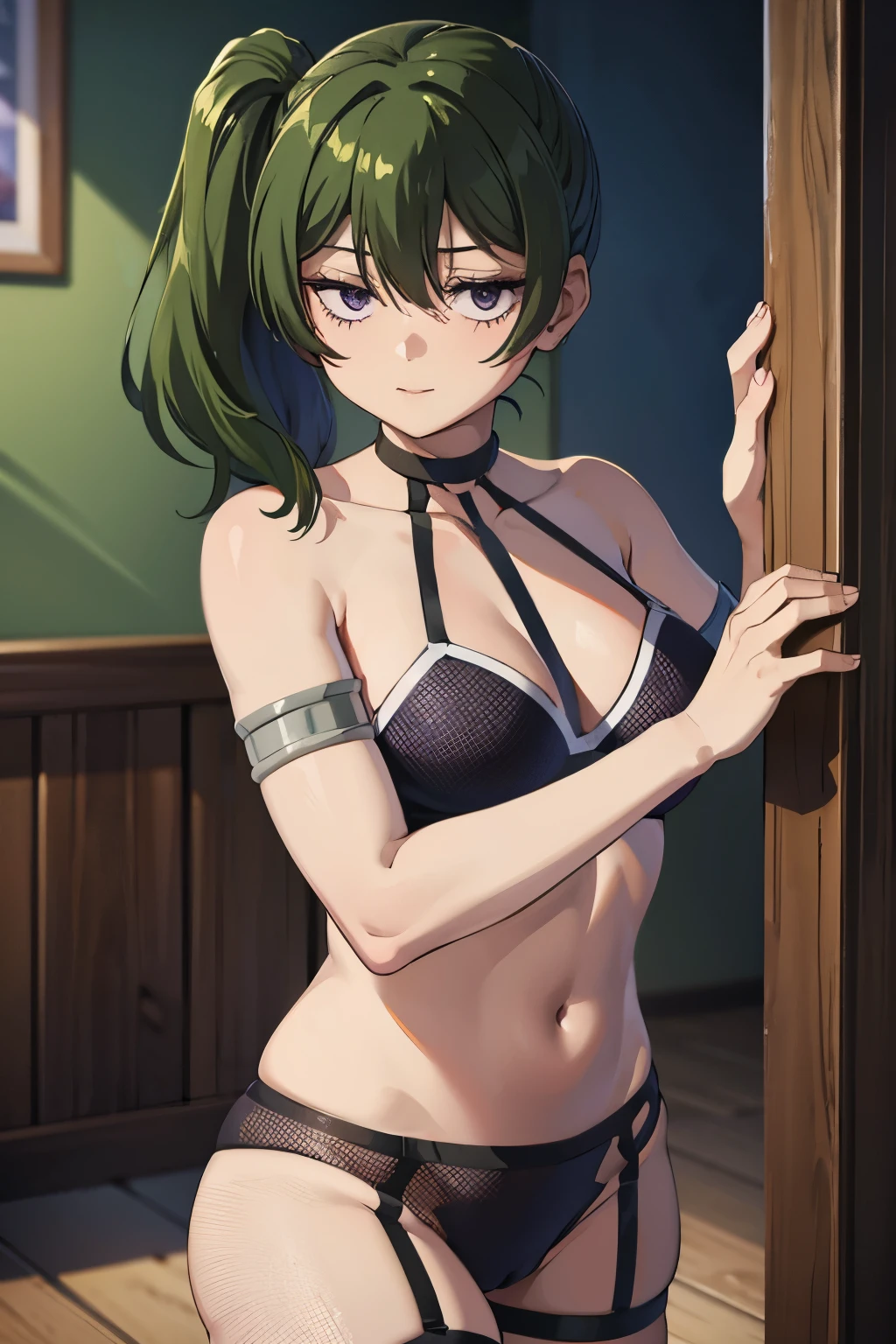 bruise , 1 , green hair, fringe, hair between the eyes, side ponytail , purple eyes , wearing sexy body lingerie.