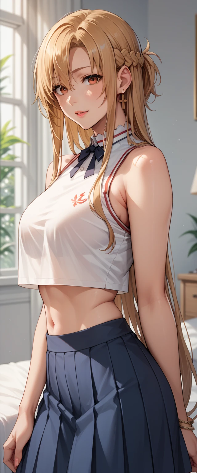 Score_9, Score_8_up, Score_7_up, Score_6_up, Score_5_up, Score_4_up, Source_anime, Tag1, Tag2, Quality_masterpiece, Girl, Blonde, longhair, ASUNA YUUKI FROM SAO, Crop top, skirt, 