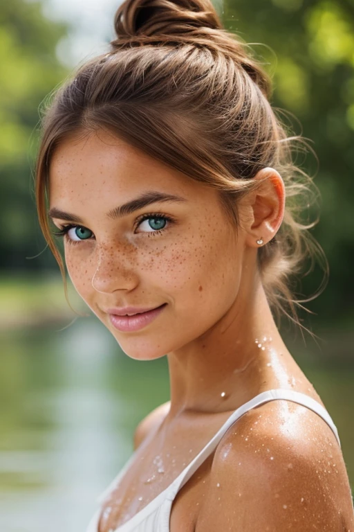 A lovely young woman with tanned skin, freckles splashed across her nose and cheeks, light green sparkling eyes with mischief, shoulder-length chestnut brown hair, often tied back in a messy bun.