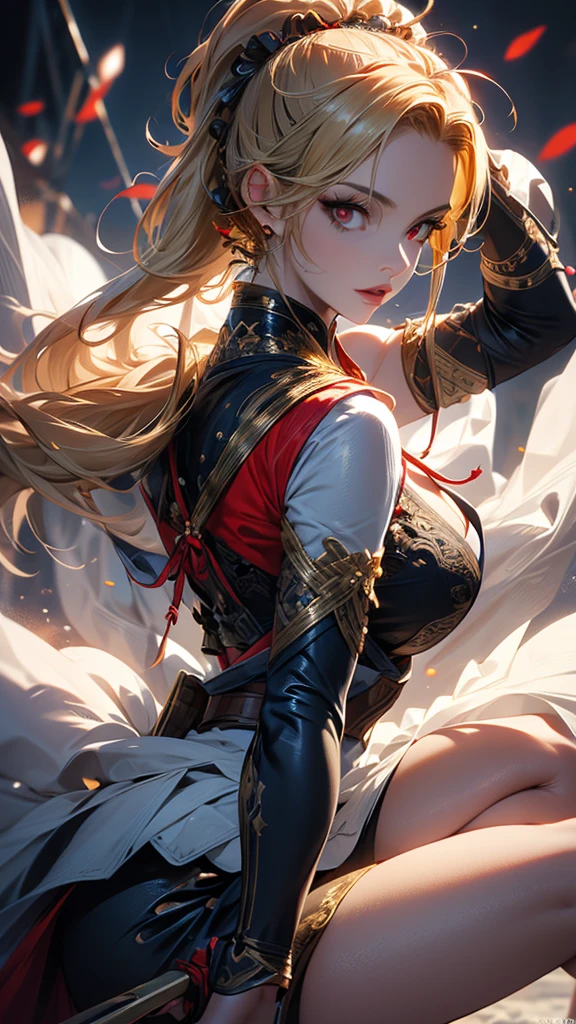 masterpiece、top-quality、(Blonde colored long hair、I have bangs:1.1)、(25 year old woman)、 (gold eyes:1.5)、(Big round eyes:1.5)、(Emphasis on the chest:0.5)、(modest smile expression:1.3)、(Staring:1.5)、(Close-up of the subject's face:0.5)、
Military uniform、red jacket、White shirt、White pants、Army red Caps、Red military cloak、
standing、five perfect and beautiful fingers、Bust Shot、
Alone、Open your mouth、Fearless smile、(large Breasts:1.3)、(Glowing Skin:1.2)、(dynamic pose hand holding a sword gripping one Rapier in hand:1.3)、midriff peek、Uplifting、Have a rapier grip