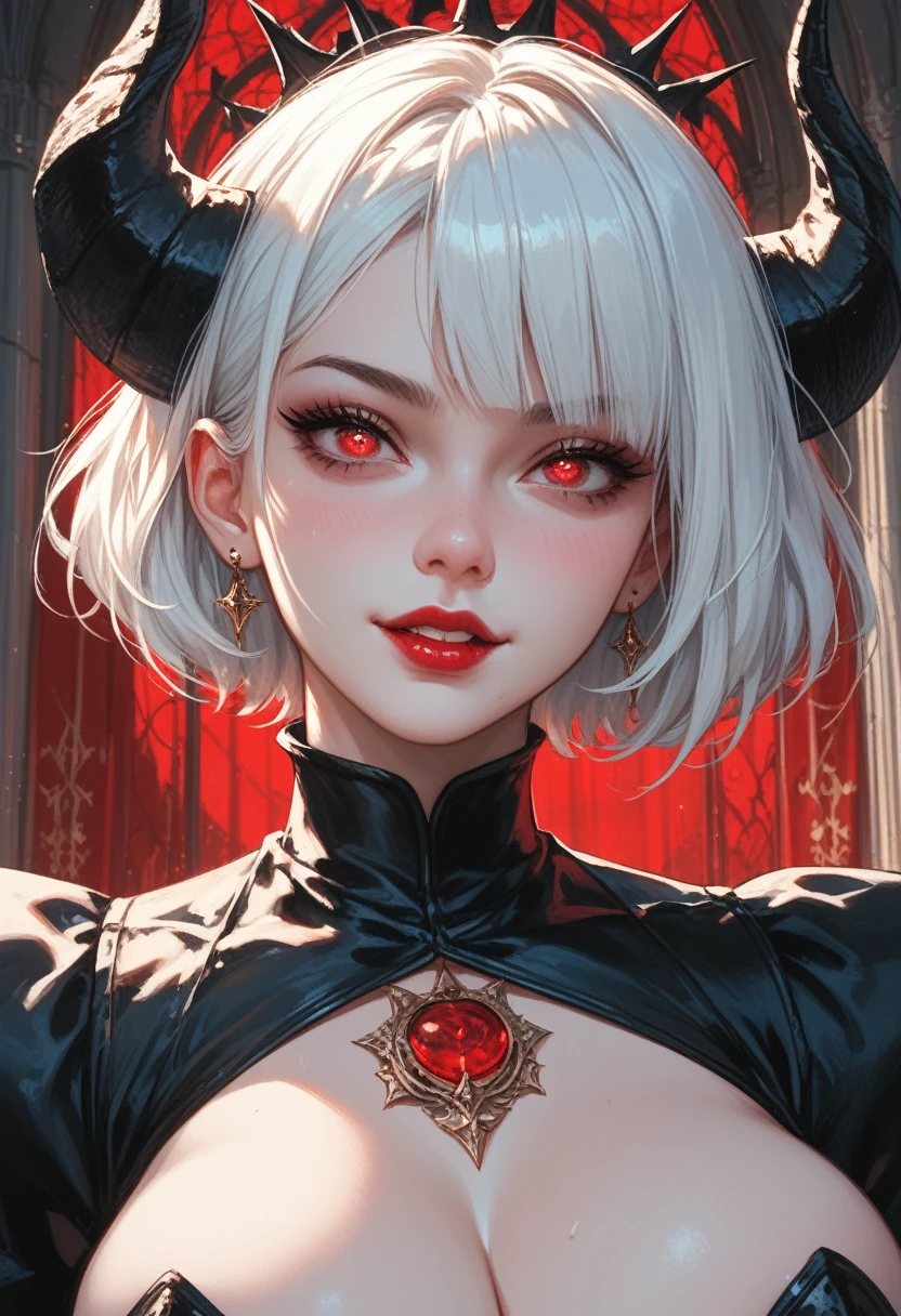 Short hair, 1 girl, beauty, sharp eyes, big breasts, Priestly vestments, white hair, devil black horns, sharp pupils, red eyes, castle, Masterpiece, High Quality, A slightly flushed face, an ecstatic face, a loving face, red lips, 