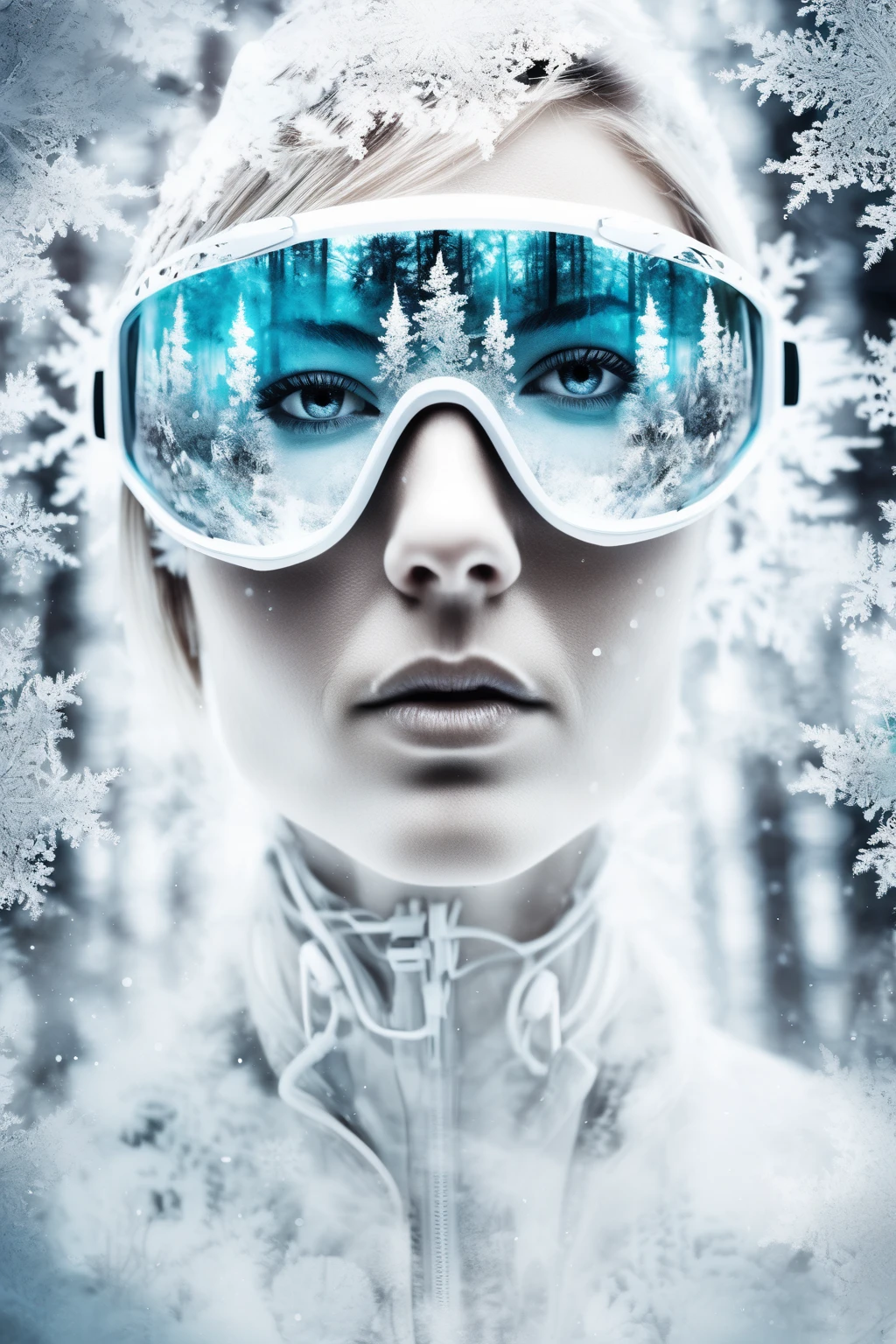 double exposure, solid white back ground, mysterious silhouette beautiful forest woman,wearing one pair of enduro goggles , amazing depth, masterwork, surreal, geometric patterns, snowflakes intricately detailed, bokeh, perfect balanced, deep fine borders, artistic photorealism , smooth, great masterwork by head of prompt engineering,frozen ice crystals foggy
