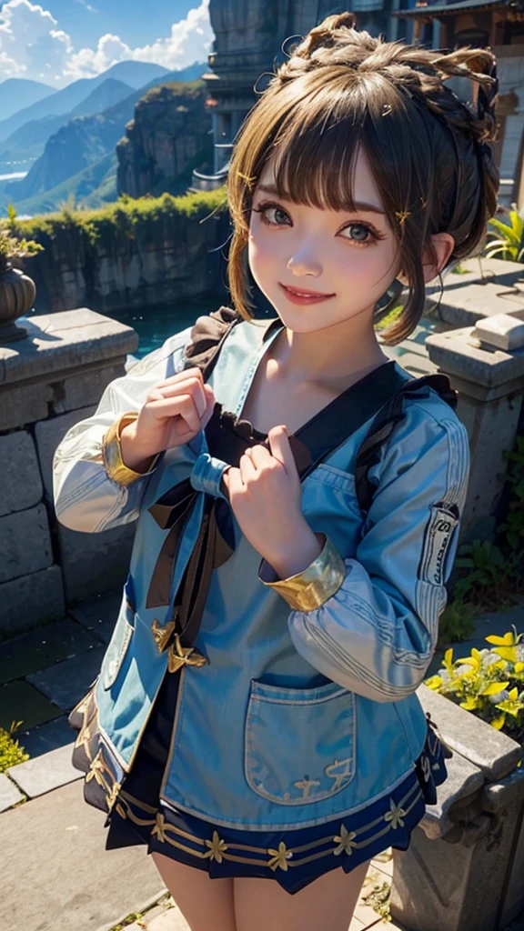 Slightly big , whole body,  standing , smile, , Outdoor, day,  simple background,  raise your arms, basket, blue null,  short hair, null, temple,  Viewers,  close