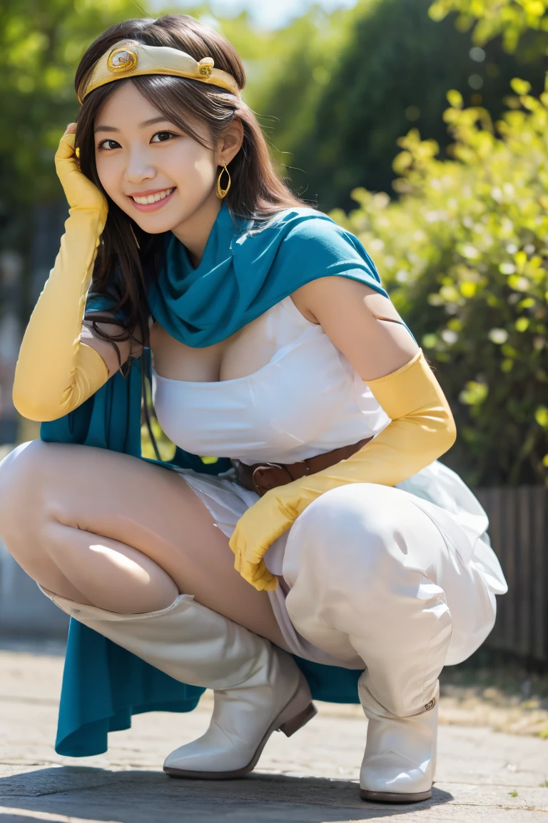 masterpiece,best quality, highres icon,ultra-detailed,( dragon quest, sage), Photorealism, japanese girl, cirlet, light blue long hair, earrings, blue cape, white dress, short sleeves, yellow satin elbow gloves, belt, skirt, yellow boots, smug, squatting with open leg, huge breast, (****), smiling, squatting pose, DQSage, jpn-girl, church