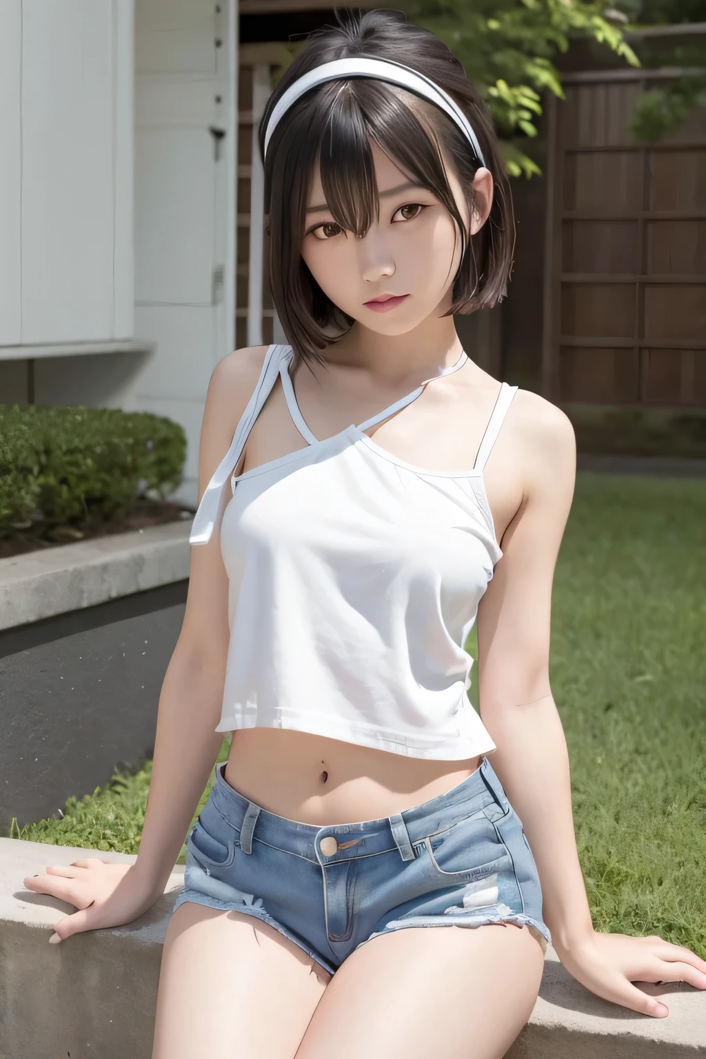 (masterpiece:1.4), (best quality:1.4) ,8K,cinematic lighting,((best quality)), (masterpiece) , (realistic shadow) , (depth of field),(intricate details:1.4), (Solo Beauty Idol Girl,),(brown short side ponytail with asymmetrical bangs:1.3),Happy smiling face、Girl enjoying barbecue on beautiful riverbed, (girls are having fun around one big campfire with a drink in one hand:1.3), (wearing bare shoulder top, denim shorts:1.3),Necklace,Piercing,Beautiful hands,Beautiful fingers,⠀
(Looking at Viewer),(midNight),(Full body shot,),no bra,nipples, (shirtlift),braless, starry sky, (midnight:1.3), detailed night sky, background is (darkness), diffuse reflection, (far away light:0.2), (Milky Way:0.7),moonlight,fullmoon,