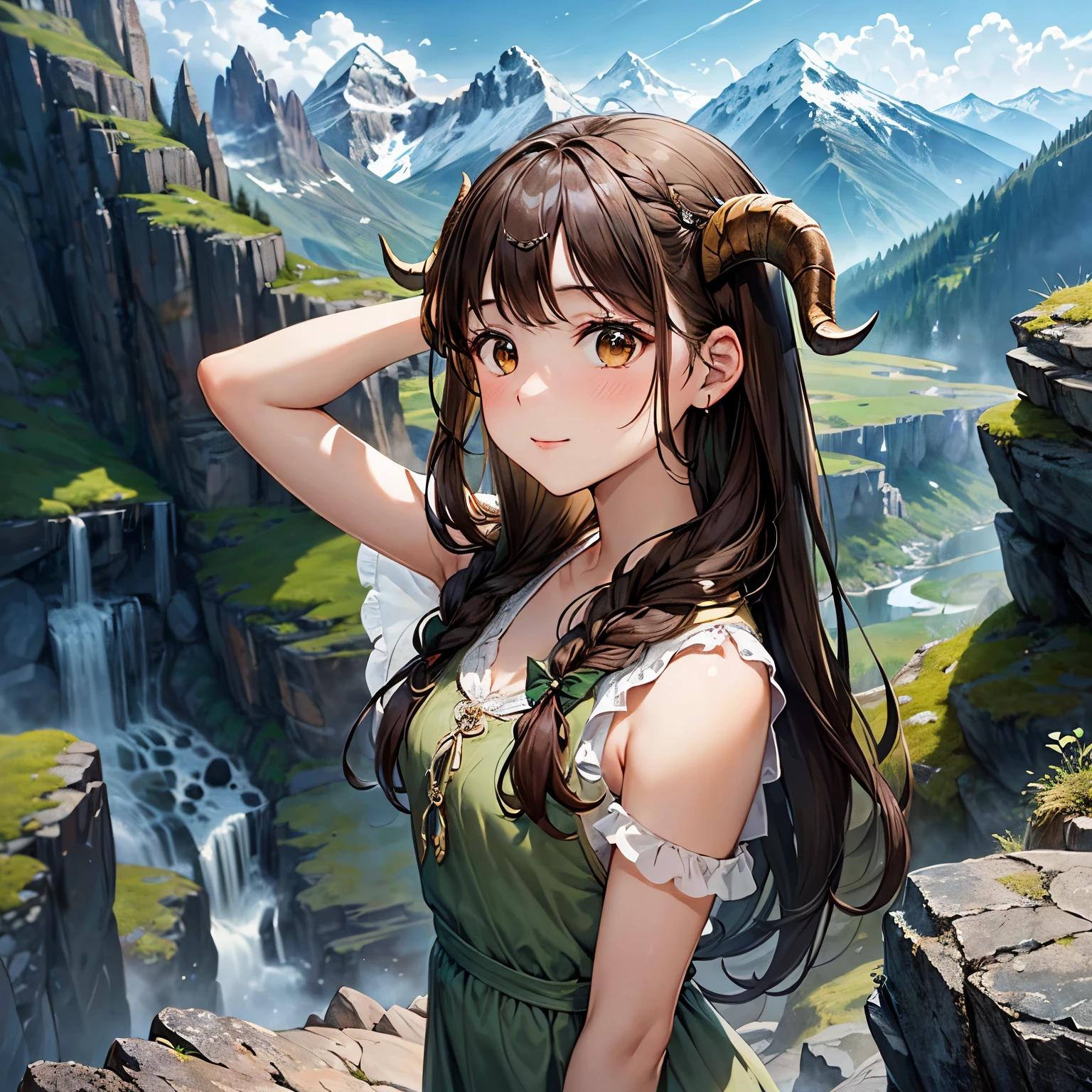 hight resolution,One beautiful young sexy elf adult woman with black long hair and long leg, (Soft Saturation:1.3),(light skinned:1.2), (hyper detailed background),bokeh dof, Romper,Portrait of smiling girl,When viewed from the front,The composition is symmetrical,Look straight at you with serious eyes,Romper (Towel wrap),(Towel wrap),middlebreasts, outside of house,Uncharted,Sky sky,rays of sunshine,Hot Spring Resorts.mountainscape, strong lights,front lit, (teen ager:1.3),(cowboy shot:1.2),break Angle from the front, looking at viewert, dynamicposes, Sitting on the wheat field ,wakame