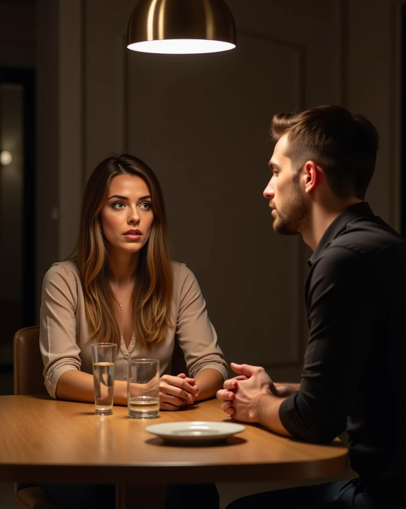 In a dimly lit luxury dining room, Gaia and her ex-husband sit across from each other at a large wooden table, the tension between them palpable. Gaia, with her long brown hair streaked with blonde highlights, looks visibly shocked. She is dressed in a light blouse and jeans, her face pale, hazel eyes wide as she stares at the man in front of her in disbelief. Her lips tremble, as if unable to find words, still reeling from the recent revelation of the words 'three months' that seem to hang heavily in the air. Her ex-husband, seated on the other side of the table, is rigid and evasive. With short hair and a weary expression, he deliberately avoids Gaia’s gaze, staring instead at the table in front of him. He wears a dark shirt, his hands nervously clasped in his lap, as if hoping to escape the weight of what he’s just confessed. The soft, overhead light casts a dim glow, partially illuminating the scene and casting dramatic shadows across his face, further heightening the tense atmosphere. The table between them is almost bare, except for two glasses of water and a single untouched plate, a sign of a dinner long forgotten. The air is thick with unspoken emotions, and the sparse, neutral walls of the room seem to amplify the painful silence between them. It’s a moment heavy with tension and misunderstanding, where every detail reflects the breakdown of a once-strong bond. ((anti)), Nexia
 ((anti))