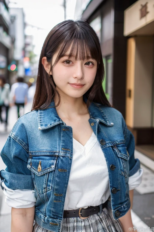 (masterpiece, best quality, perfect anatomy, highres, 8k, realistic, photorealistic:1.2), 1girl, solo, Japanese, age20, jp idol, (large breasts), perfect figure, looking at viewer, oversized cream knit , green plaid mini-skirt, as outerwear blue denim short jacket, in Tokyo down town, natural lighting, portrait