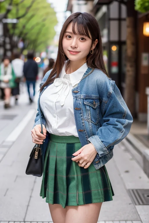 (masterpiece, best quality, perfect anatomy, highres, 8k, realistic, photorealistic:1.2), 1girl, solo, Japanese, age20, jp idol, (large breasts), perfect figure, looking at viewer, oversized cream knit , green plaid mini-skirt, as outerwear blue denim short jacket, in Tokyo down town, natural lighting, portrait