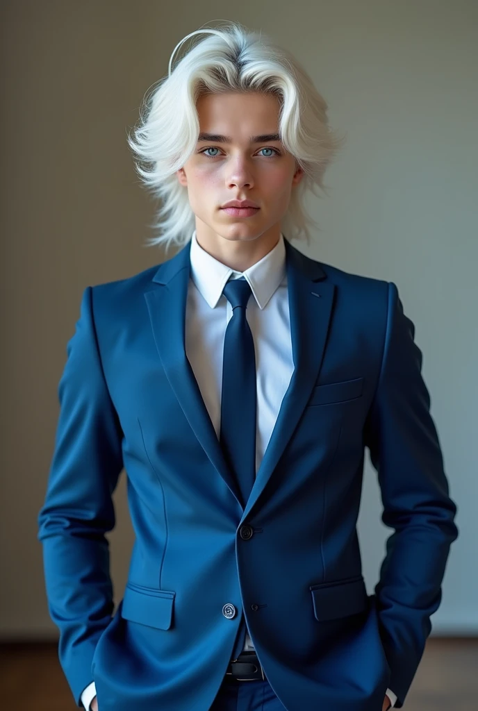 16-year-old boy
Countries in Russia 
Skin color white
Large white hair down the sides 
Clear blue eyes 
Height 1,57 tall 
Standing photo 
Blue luxury suit 
tie 
Very handsome boy 